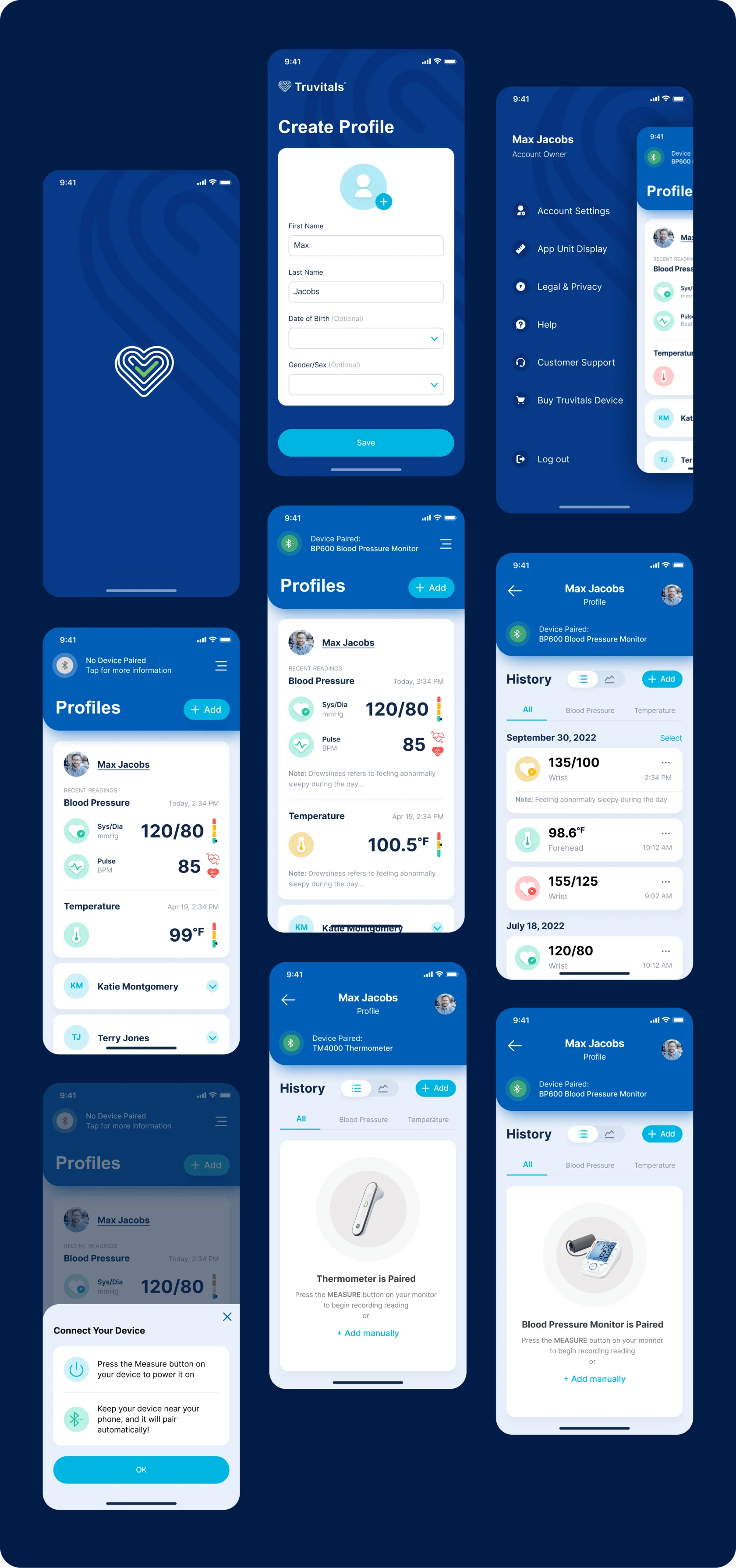 Splash screen, main menu, create profile, home, profile and history screens