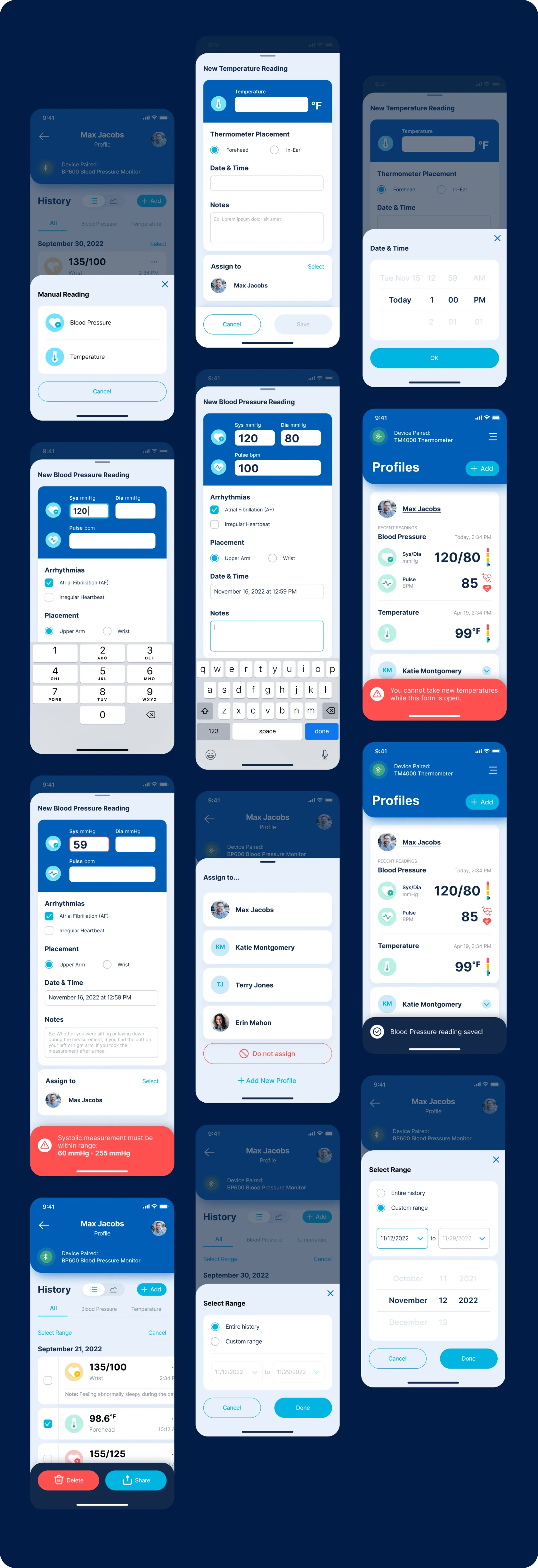 Manual readings, select and send data screens