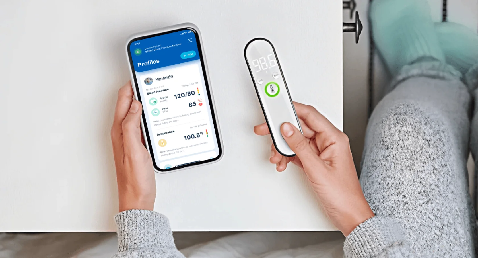 The app and a connected thermometer in use