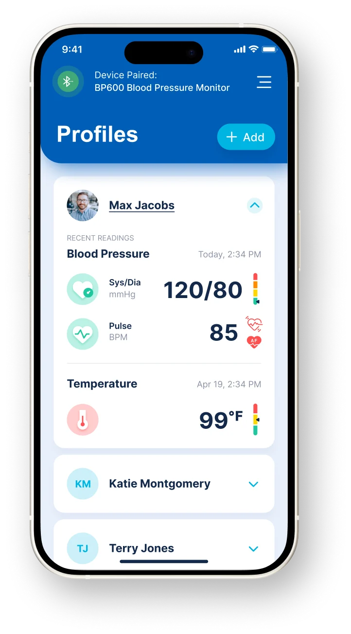 Profiles screen with blood pressure and temperature readings