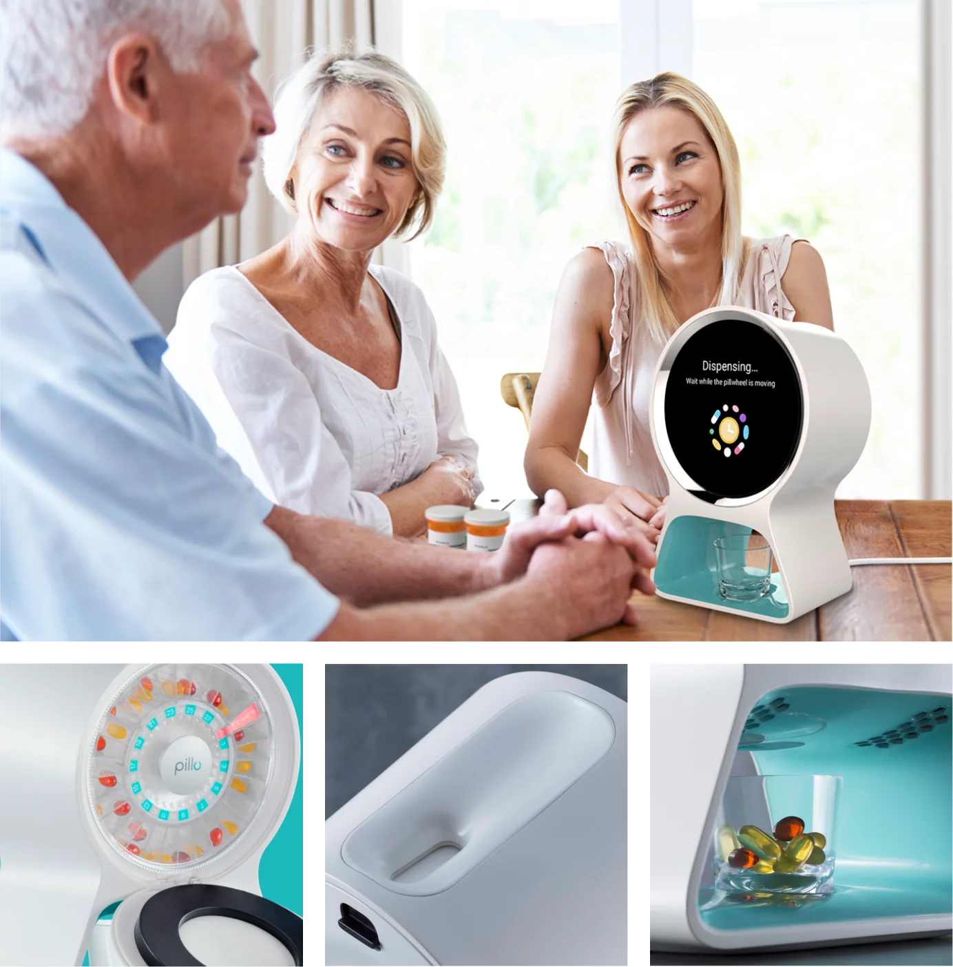 Pillo in use at home, with close-ups of the pill wheel and dispenser