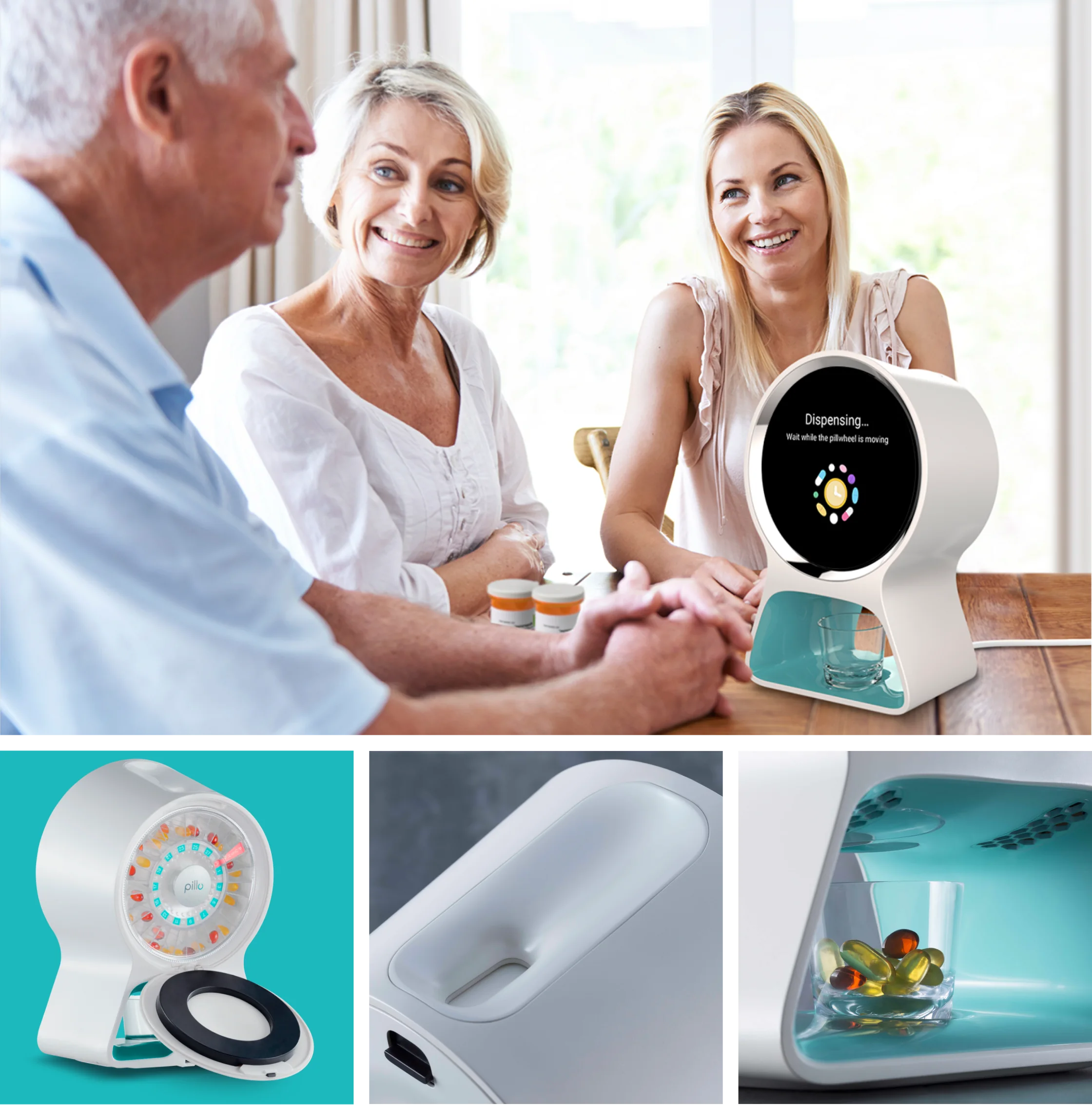 Pillo in use at home, with close-ups of the pill wheel and dispenser