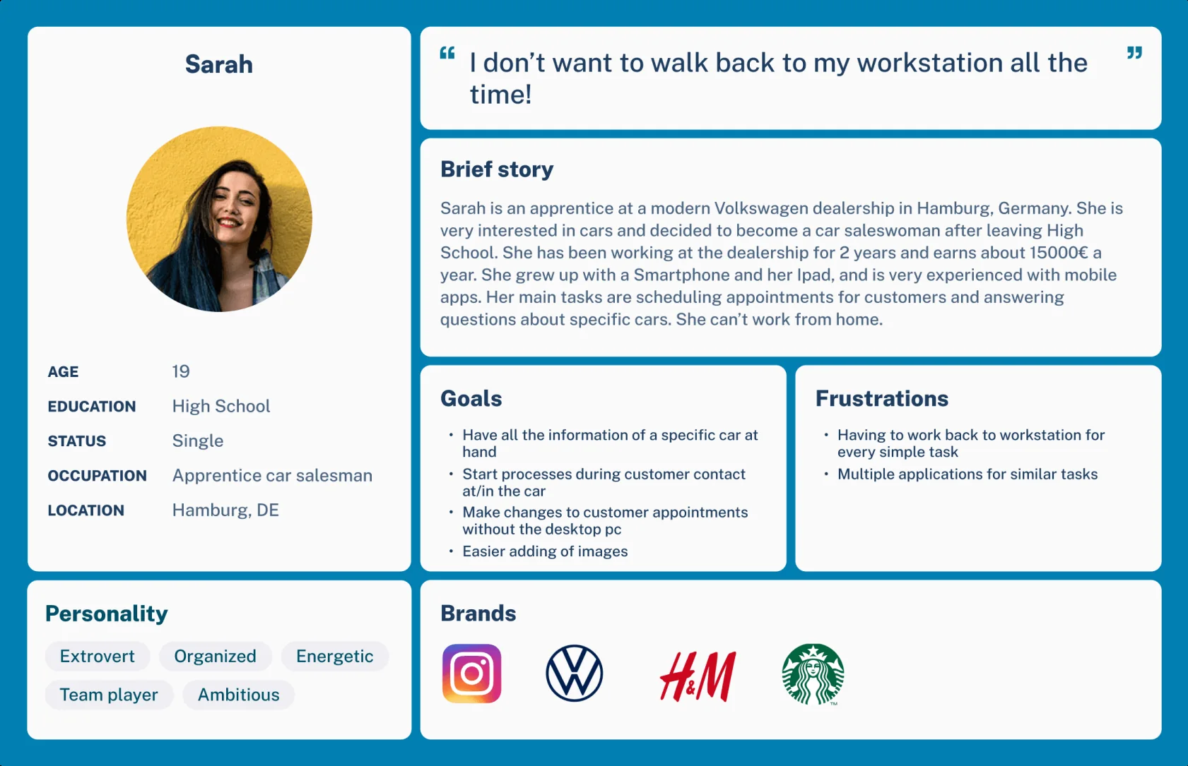 User persona: Sarah, apprentice car saleswoman